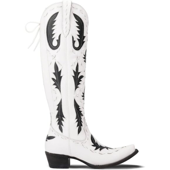 Women's Back Lace Chunky Heel Western Side Zipper Embroidered Black White Boots - Picture 4 of 7
